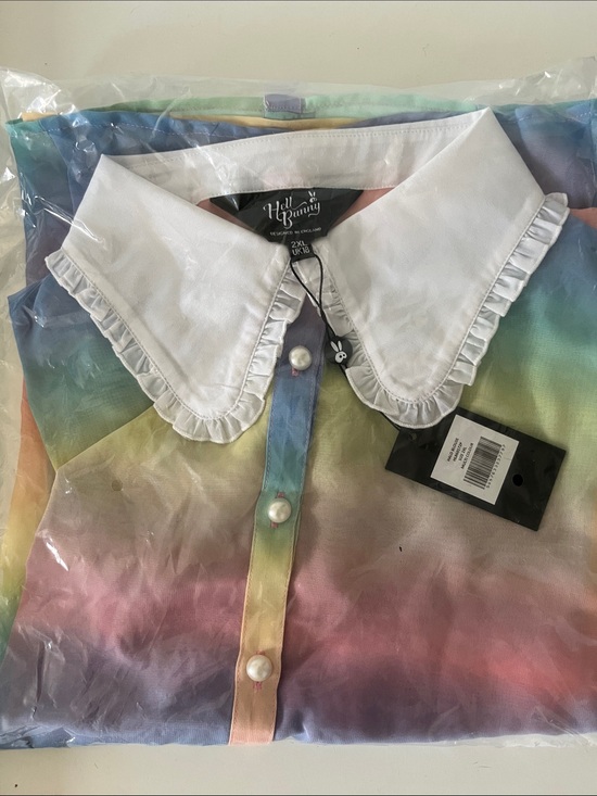 Hell Bunny Tops - Hell Bunny Rainbow Tie-Dye Blouse with White Ruffled Collar